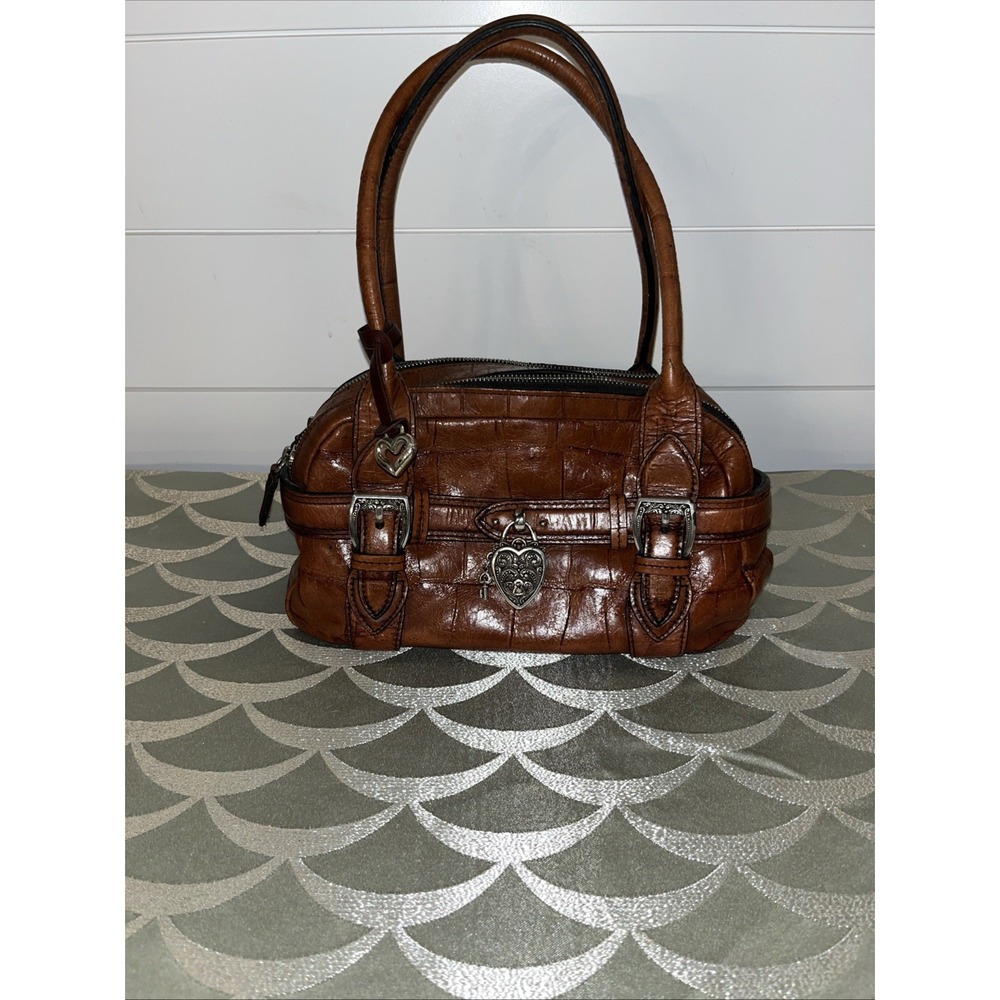 VTG Brighton Brown Croc Embossed Leather Satchel Purse D365735 Butterfly Linning